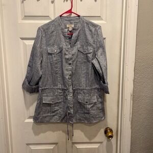 Charter Club Womens Linen Jacket Large Metallic Blue‎ Button Front Resort Wear